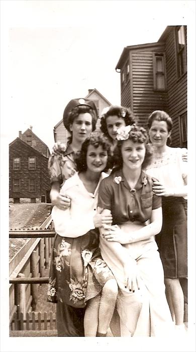 The girls at home, with the guys hats. Top row: Cindy (sister-in law), Margie (his sister), Dottie (sister-in-law). Bottom row: Pat (his wife) and Joy (a family friend).