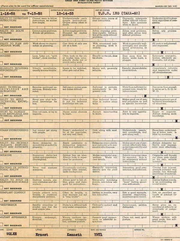 Here is the front of a Korean War Navy review. Notice that my grandfather received perfect ratings in all categories except for knowledge and this is understandable since he never received a day of training before he went on active duty. Keep reading to find that story.