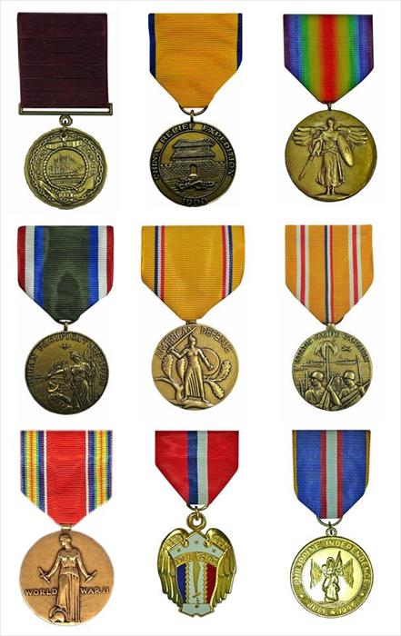 Chief Morris' Medals. Top Row from Left to Right: Navy Good Conduct Medal (WWII era), China Relief Expeditionary Medal (Navy), & World War I Victory Medal. Middle Row: Cuban Pacification Medal (1908), American Defense Service Medal, & the Asiatic Pacific Campaign Medal.  Bottom Row: World War II Victory Medal, Philippine Liberation Medal, & Philippine Independence Medal.  
Throughout Chief Morris' long and illustrious career, he was awarded medals from nearly every country.  But in existing photographs, he is oftentimes only shown wearing some of his awards, when undoubtedly he was authorized to wear many more.